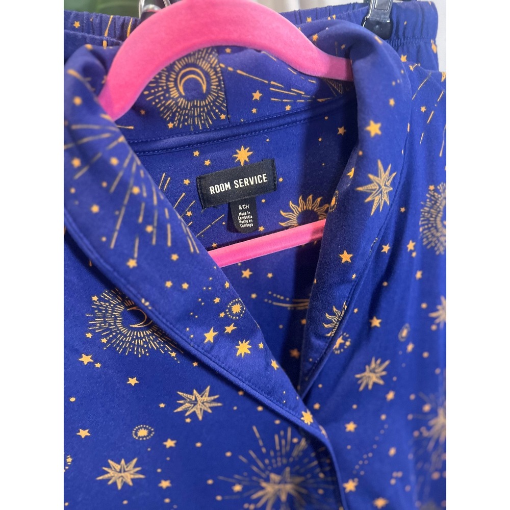 Room Service Women Blue Gold Celestial Pajama Set Moon Star Sun Print Small - Picture 6 of 9